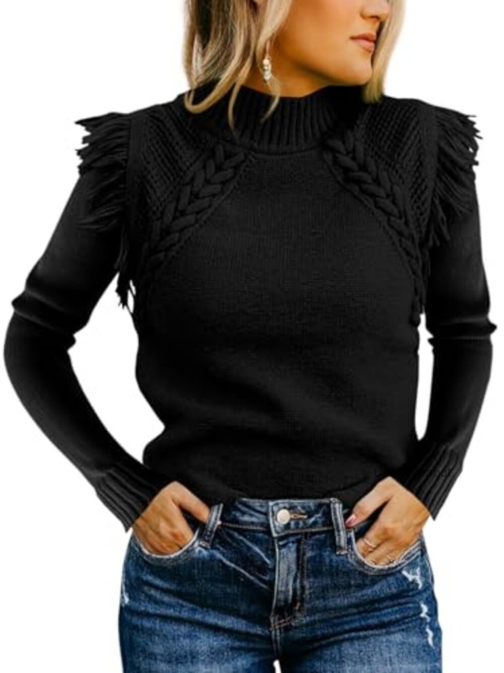 Cable Knit Mock Neck Fringe Slim Fit Pullover Sweater